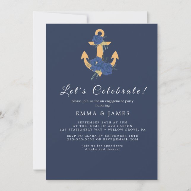 Navy Floral Ankare Sommar  Inbjudningar (Framsida)
