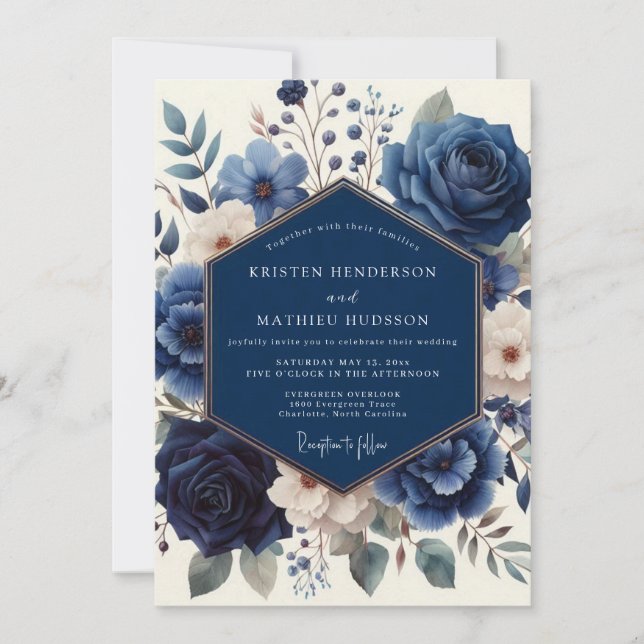 Navy Floral Artistry Wedding Inbjudningar (Framsida)