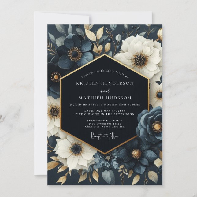 Navy Floral Blommande Romantisk Bröllop Inbjudningar (Framsida)