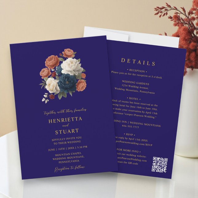 Navy Floral Botanisk Allt-i-ett Bröllop  Inbjudningar (Skapare uppladdad)