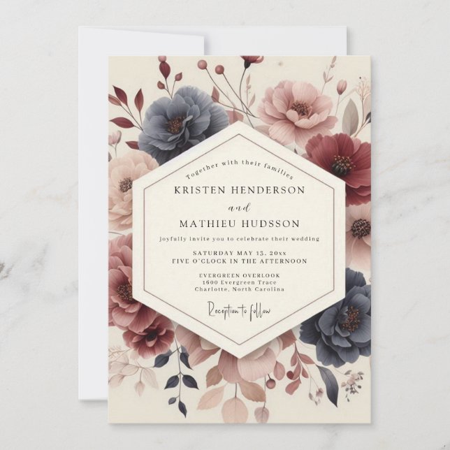 Navy Floral Bröllop Inbjudningar (Framsida)