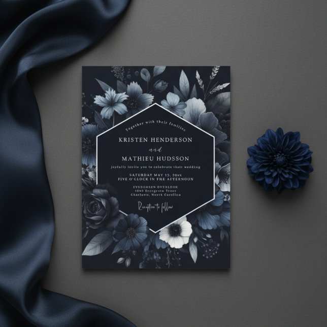 Navy Floral Bröllopsbukett Inbjudningar (Skapare uppladdad)