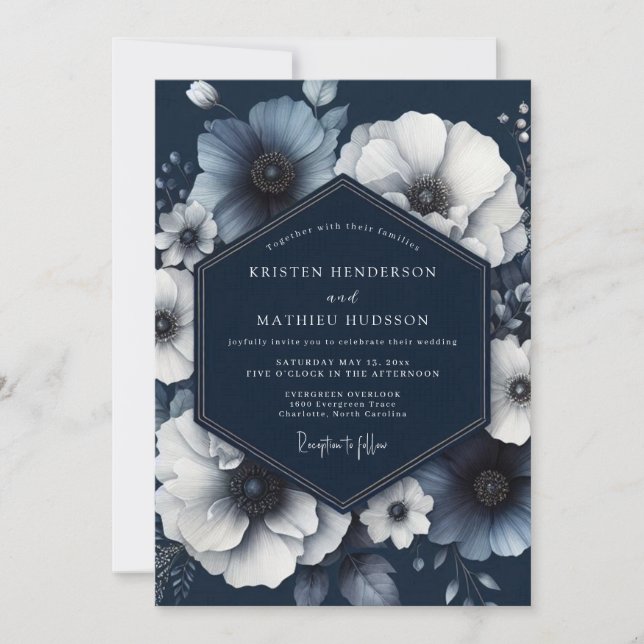 Navy Floral Drömbröllop Inbjudningar (Framsida)