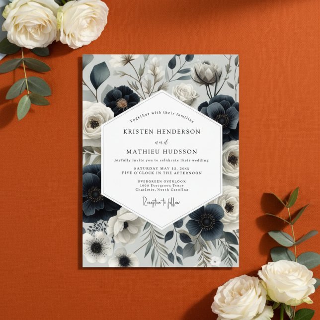 Navy Floral Elegance Wedding Inbjudningar (Skapare uppladdad)