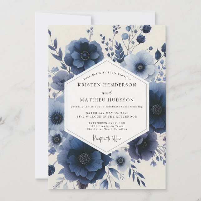 Navy Floral Enchantment Wedding Inbjudningar (Framsida)
