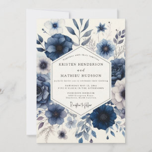 Navy Floral Eterisk Bröllop Inbjudningar