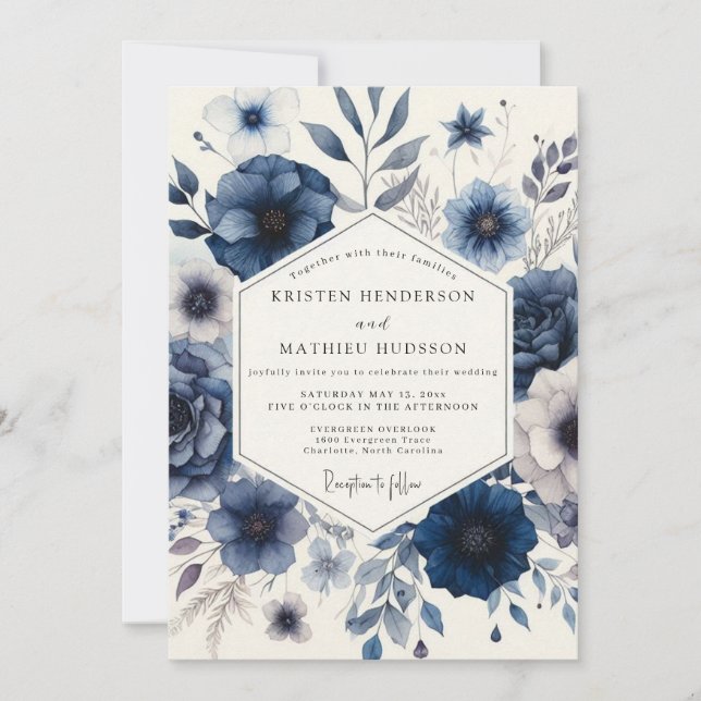 Navy Floral Eterisk Bröllop Inbjudningar (Framsida)