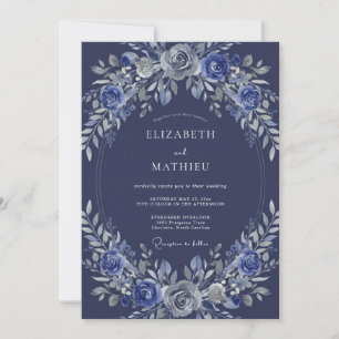 Navy Floral Eterisk Romantisk Bröllop Inbjudningar