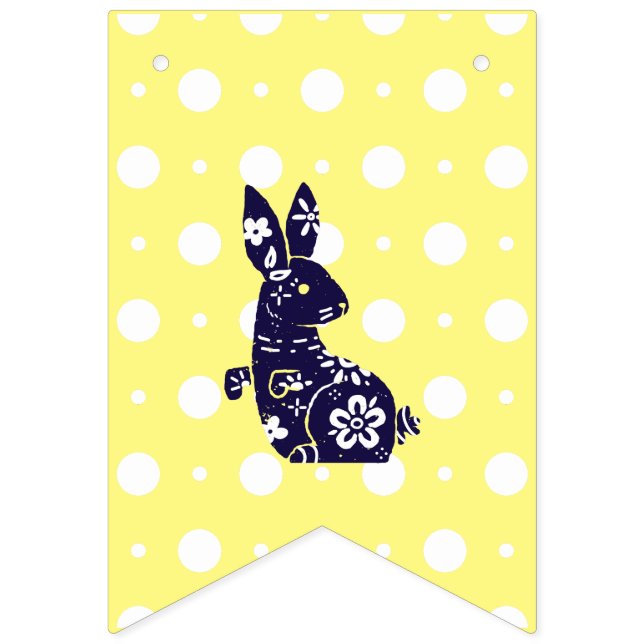 Navy Floral Folk Art Kanin Påskgirlang Vimplar (Första flaggan)