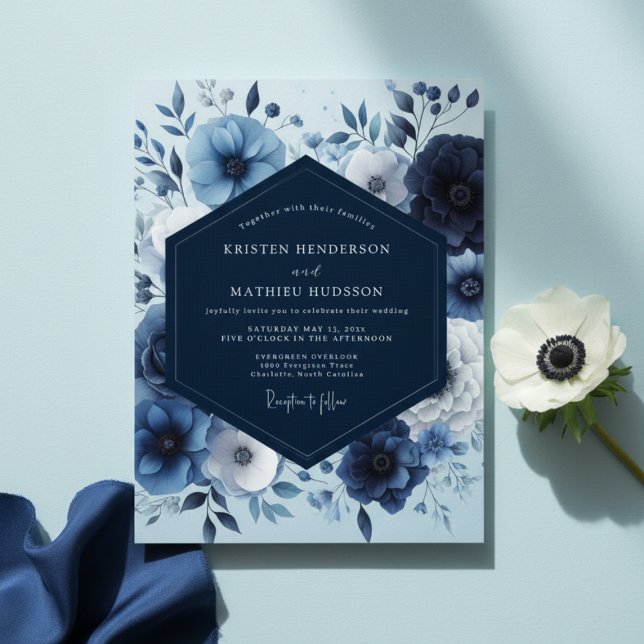 Navy Floral Förtrollning Bröllop Inbjudningar (Skapare uppladdad)