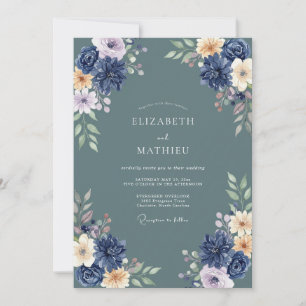 Navy Floral Frodig Komposition Bröllop Inbjudningar