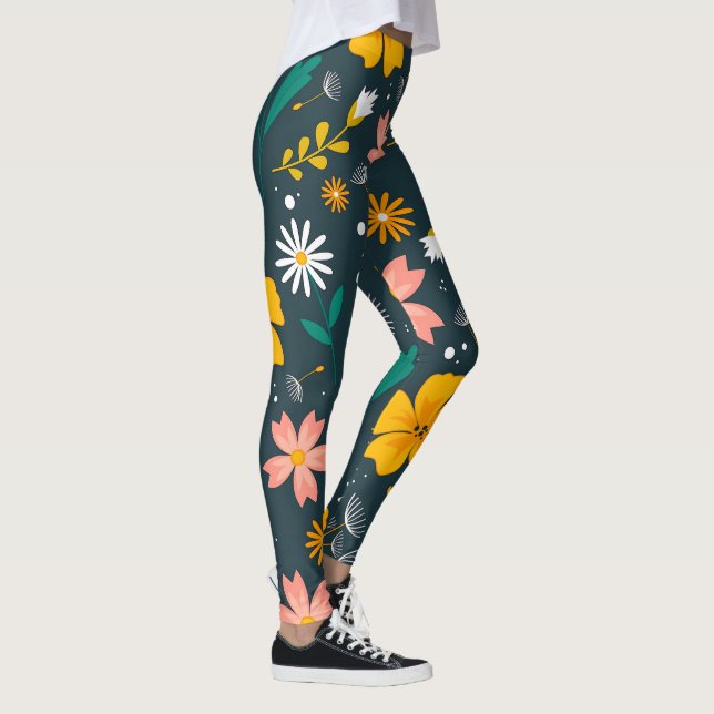 Navy Floral Garden Whimsical Spring Pattern Leggings (Höger)