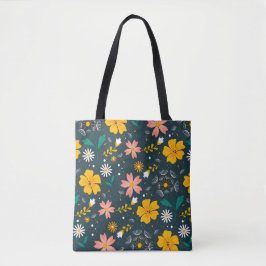Navy Floral Garden Whimsical Spring Pattern Tygkasse