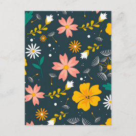 Navy Floral Garden Whimsical Spring Pattern Vykort