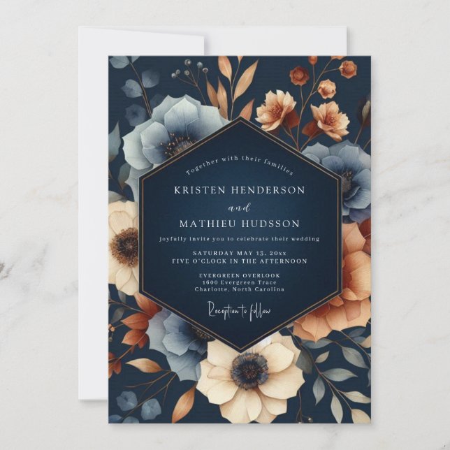 Navy Floral Höstens Öppna Yppighet Bröllop Inbjudningar (Framsida)