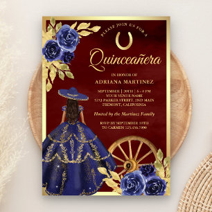 Navy Floral Klänning Charro Burgunder Quinceanera Inbjudningar