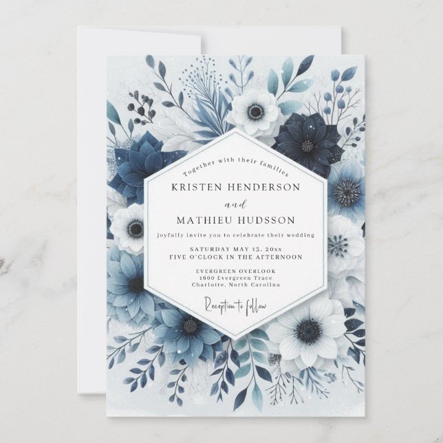 Navy Floral Kvällsromans Bröllop Inbjudningar (Framsida)