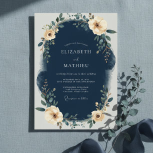 Navy Floral Lagerbröllop Inbjudningar