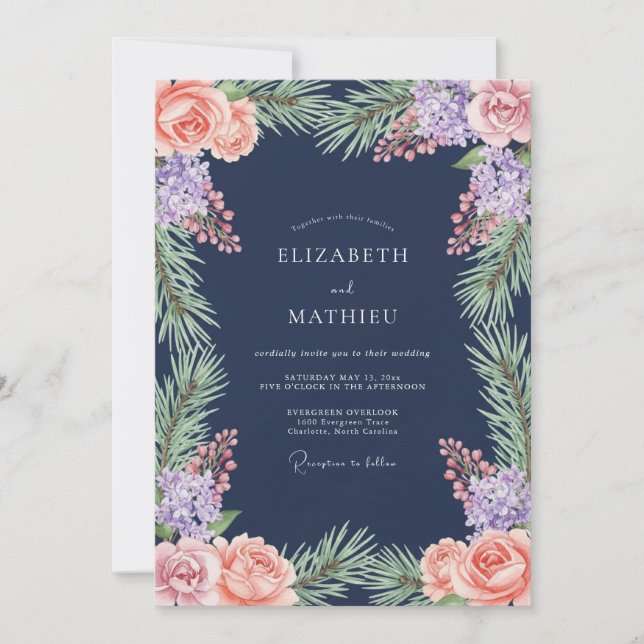 Navy Floral Laurel Romantik Bröllop Inbjudningar (Framsida)