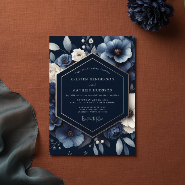 Navy Floral Lyxig Bröllop Inbjudningar (Skapare uppladdad)