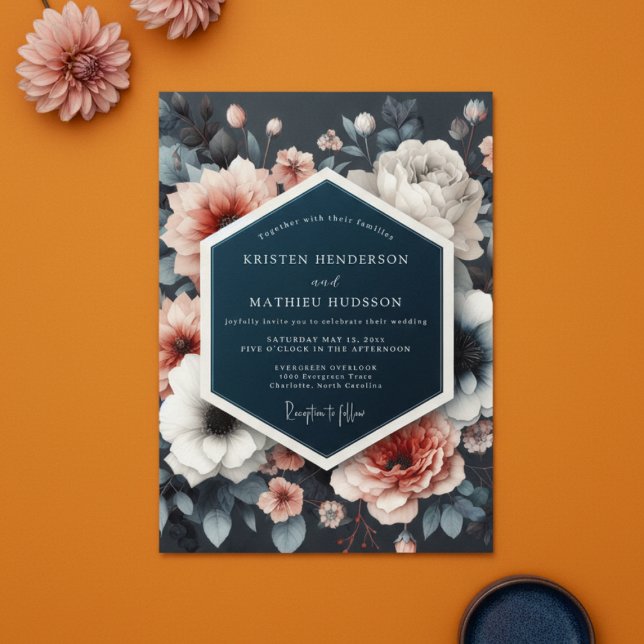 Navy Floral Lyxig Romantisk Bröllop Inbjudningar (Skapare uppladdad)