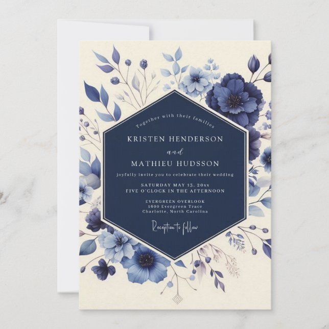 Navy Floral Meadow Bröllop Inbjudningar (Framsida)