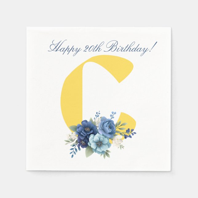 Navy Floral Monogram 20th Birthday Pappersservett (Framsidan)