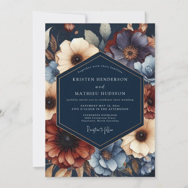 Navy Floral Moody Bloom Wedding Inbjudningar (Framsida)