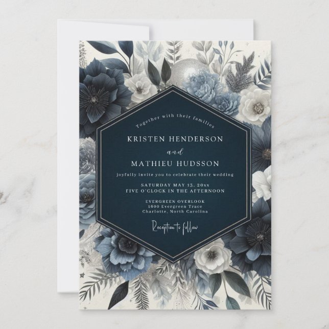 Navy Floral Moody Wedding Inbjudningar (Framsida)