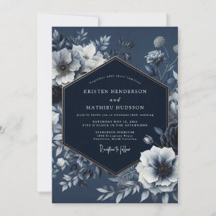 Navy Floral Nocturnal Romantisk Bröllop Inbjudningar