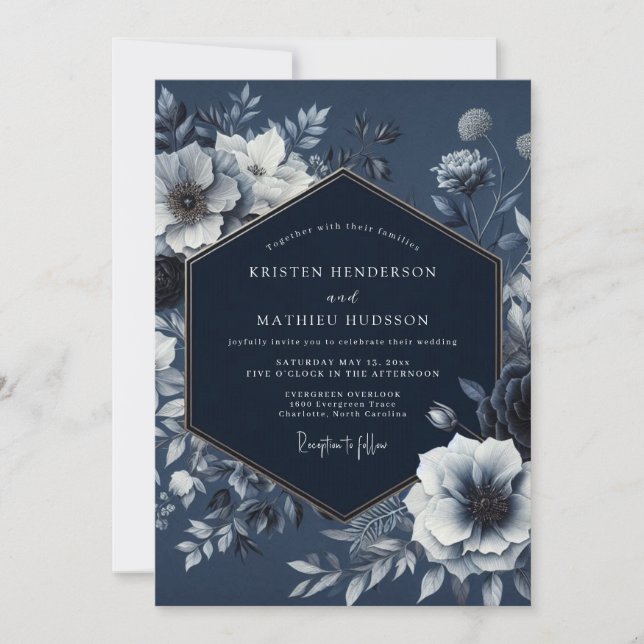 Navy Floral Nocturnal Romantisk Bröllop Inbjudningar (Framsida)