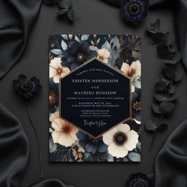 Navy Floral Nocturne Bröllop Inbjudningar (Skapare uppladdad)