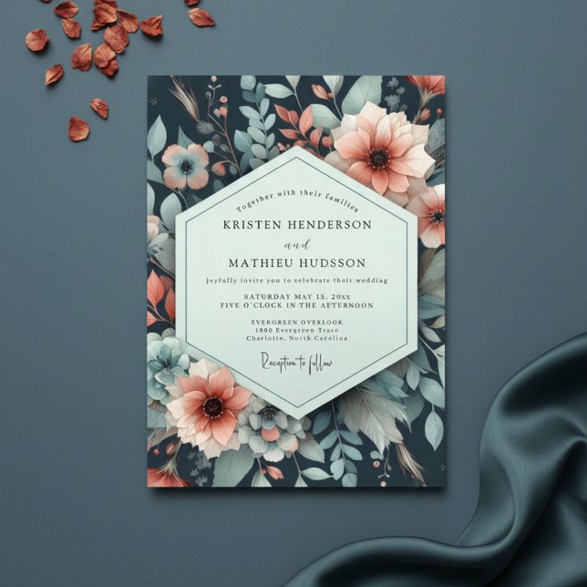 Navy Floral Nocturne Romance Wedding Inbjudningar (Skapare uppladdad)