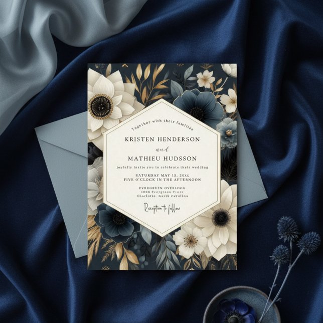Navy Floral Opulence Wedding Inbjudningar (Skapare uppladdad)
