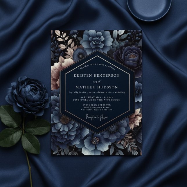 Navy Floral Opulent Romance Wedding Inbjudningar (Skapare uppladdad)