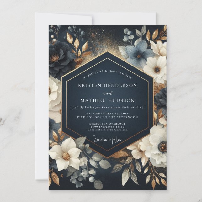Navy Floral Opulent Wedding Inbjudningar (Framsida)