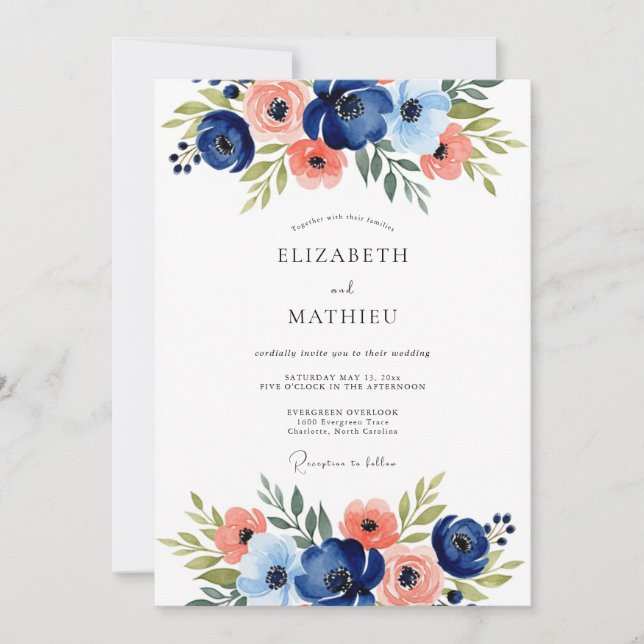Navy Floral Romantic Wedding Inbjudningar (Framsida)