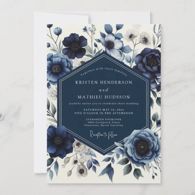 Navy Floral Romantic Wedding Inbjudningar (Framsida)