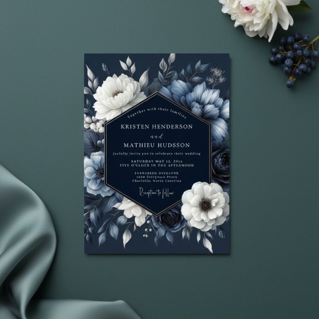 Navy Floral Romantik Bröllop Inbjudningar (Skapare uppladdad)