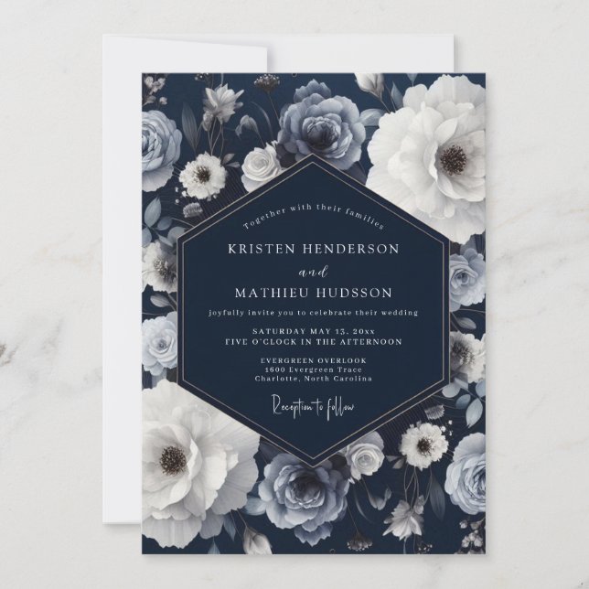 Navy Floral Romantisk Bröllop Inbjudningar (Framsida)