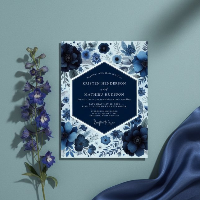 Navy Floral Skoglig Bröllop Inbjudningar (Skapare uppladdad)