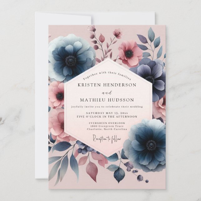 Navy Floral Vintage Romance Wedding Inbjudningar (Framsida)