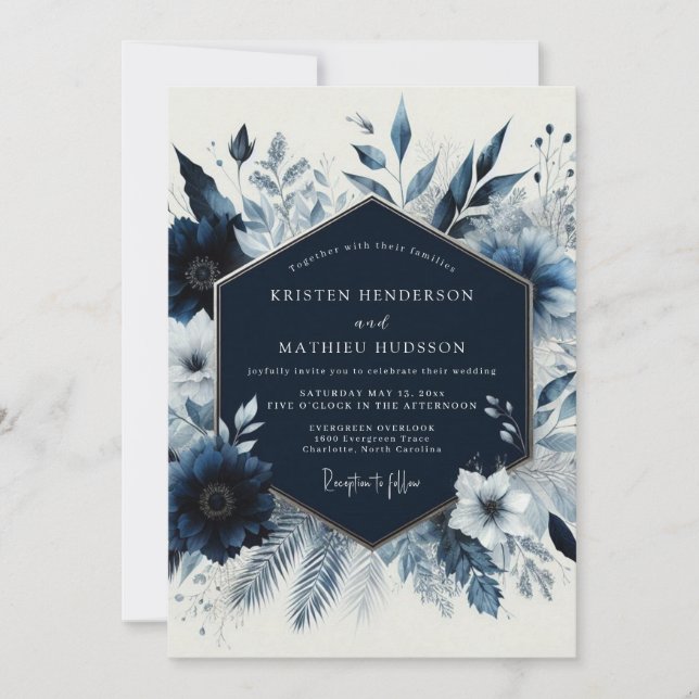 Navy Floral Vinter Romantisk Bröllop Inbjudningar (Framsida)