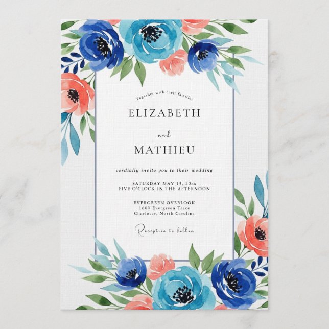 Navy Floral Watercolor Wedding Inbjudningar (Framsida)