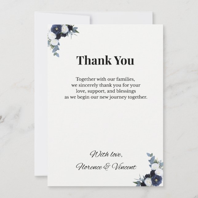 Navy Floral Wedding Thank You Card Inbjudningar (Framsida)