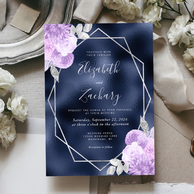 Navy Foil Lilac Silver Floral Wedding Inbjudningar (Skapare uppladdad)