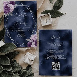 Navy Folie Lilafärg Silver Blommig QR-kod Bröllop Inbjudningar