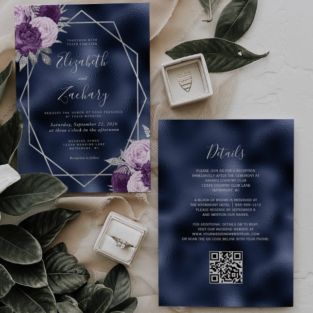 Navy Folie Lilafärg Silver Blommig QR-kod Bröllop Inbjudningar (Skapare uppladdad)