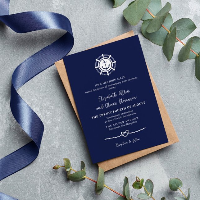 Navy Frakts Wheel & Anchor Rope Heart Nautical Inbjudningar (Skapare uppladdad)