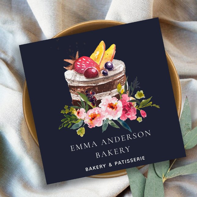 NAVY FRUIT BLOMMIGT CAKE PATISSERIE CUPCAKE BAKERY FYRKANTIGT VISITKORT (Skapare uppladdad)